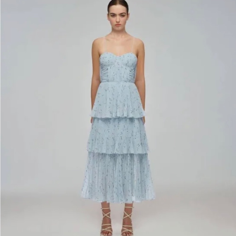 SELF-PORTRAIT Floral Pleated MIDI Dress in Blue